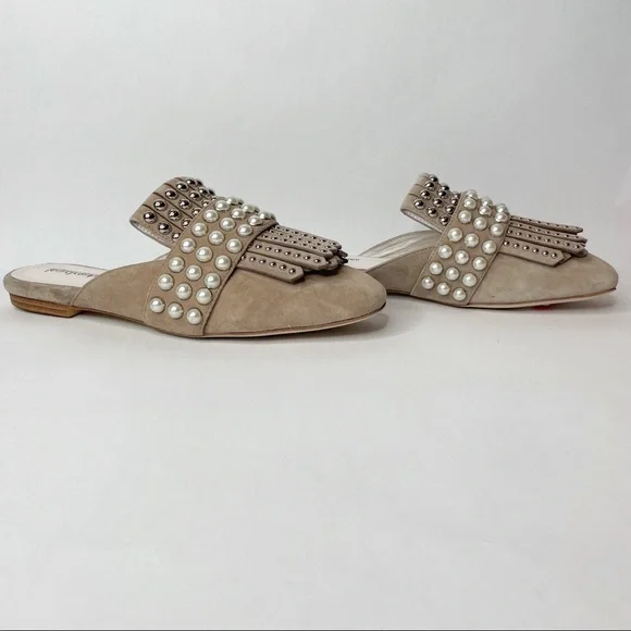 NWOB Jeffrey Campbell Ravis Pearl Studded Embellished Fringe Taupe Suede Mules - Picture 7 of 10